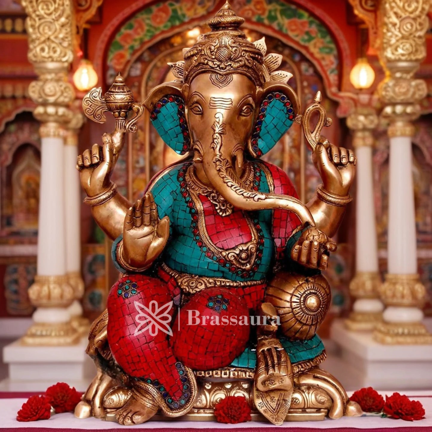 Brassaura™ Brass Ganesha Statue for Home Décor & Gift | Weight 20 Kgs | Height 20 Inches