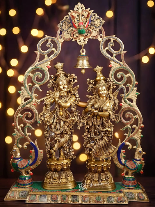 Brassaura™ Brass Radha Krishna Statues with Peacock-Inspired Temple Arch – 45" Height | 67 kg – Majestic Divine Décor