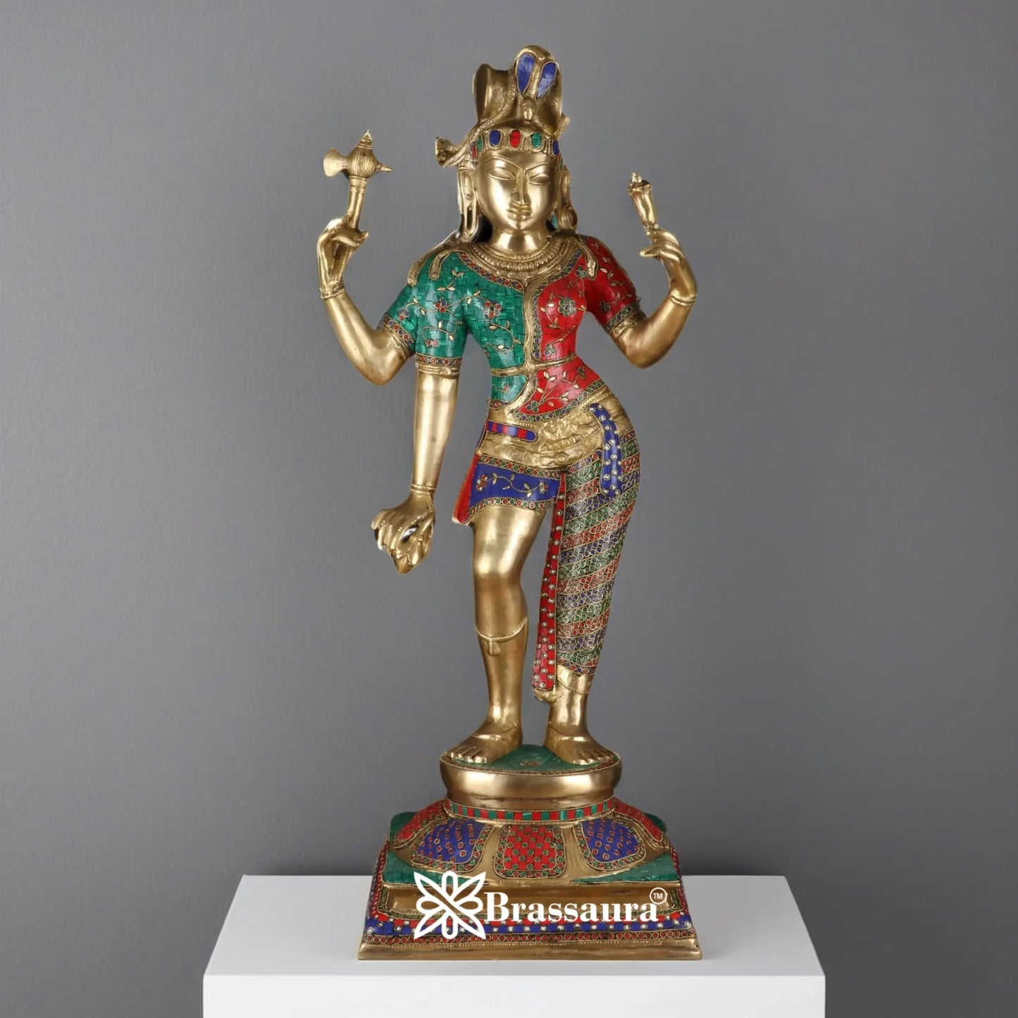 Brassaura™ Brass Gem Stone Work Ardhanarishwar Statue – Height 36 Inches & Weight 30 Kgs | Temple & Pooja Décor