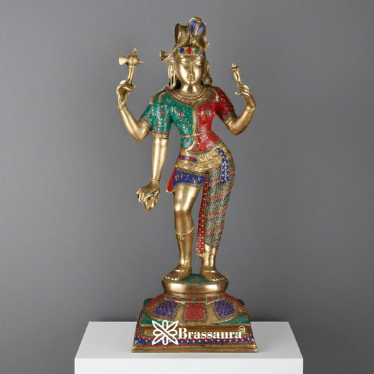 Brassaura™ Brass Gem Stone Work Ardhanarishwar Statue – Height 36 Inches & Weight 30 Kgs | Temple & Pooja Décor