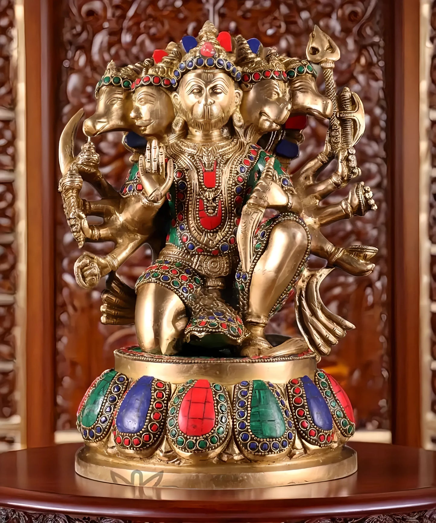 Brassaura™ Handcrafted Superfine Brass Panchmukhi Hanuman Idol – Height 13.5 Inches & Weight 9 Kgs | Meenakari Stonework
