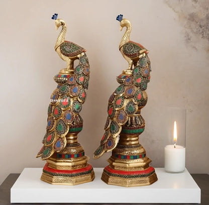 Brassaura™ Brass Large Peacock Showpiece Pair with Meenakari Work – Height 20 Inches Each & Total Weight 17 Kgs
