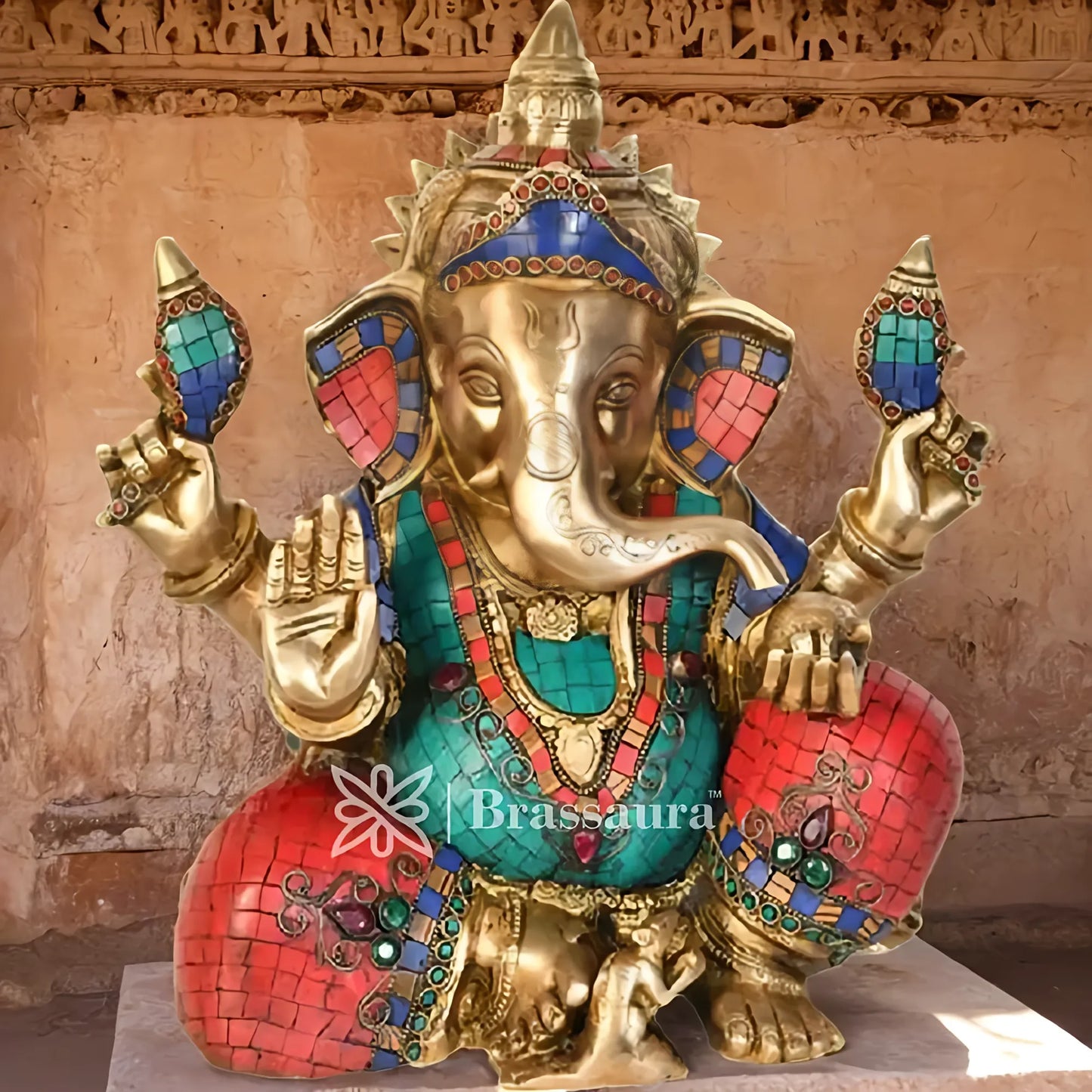 Brassaura™ Brass Gem Stone Work Ganesha Idol for Home Décor | Weight 13 Kgs | Height 13 Inches