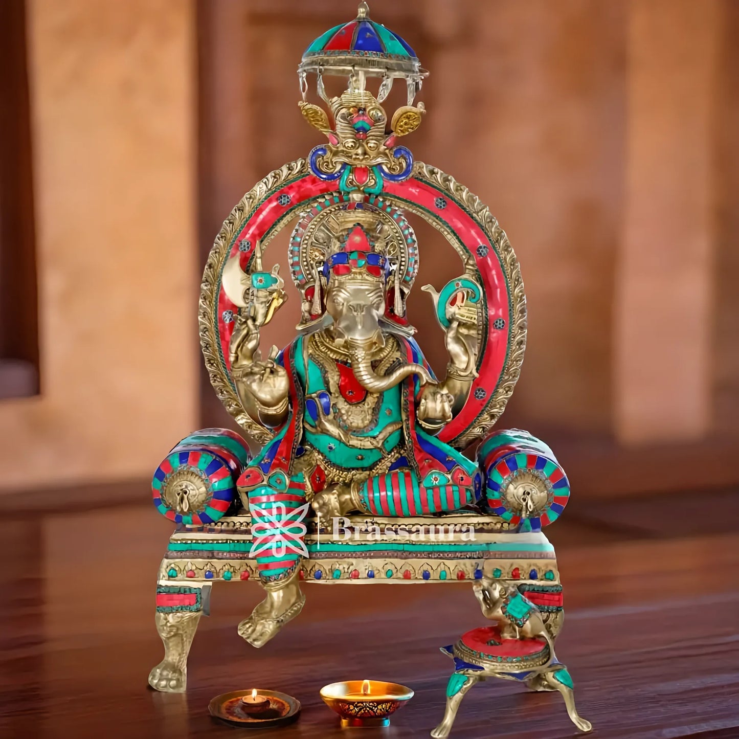 Brassaura™ Brass Gem Stone Work Ganesha Idol for Home Decor | Weight 90 Kgs | Height 47 Inches