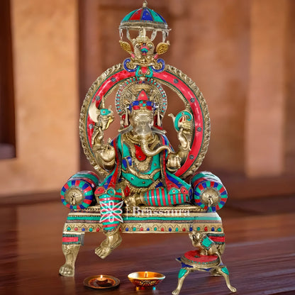 Brassaura™ Brass Gem Stone Work Ganesha Idol for Home Decor | Weight 90 Kgs | Height 47 Inches