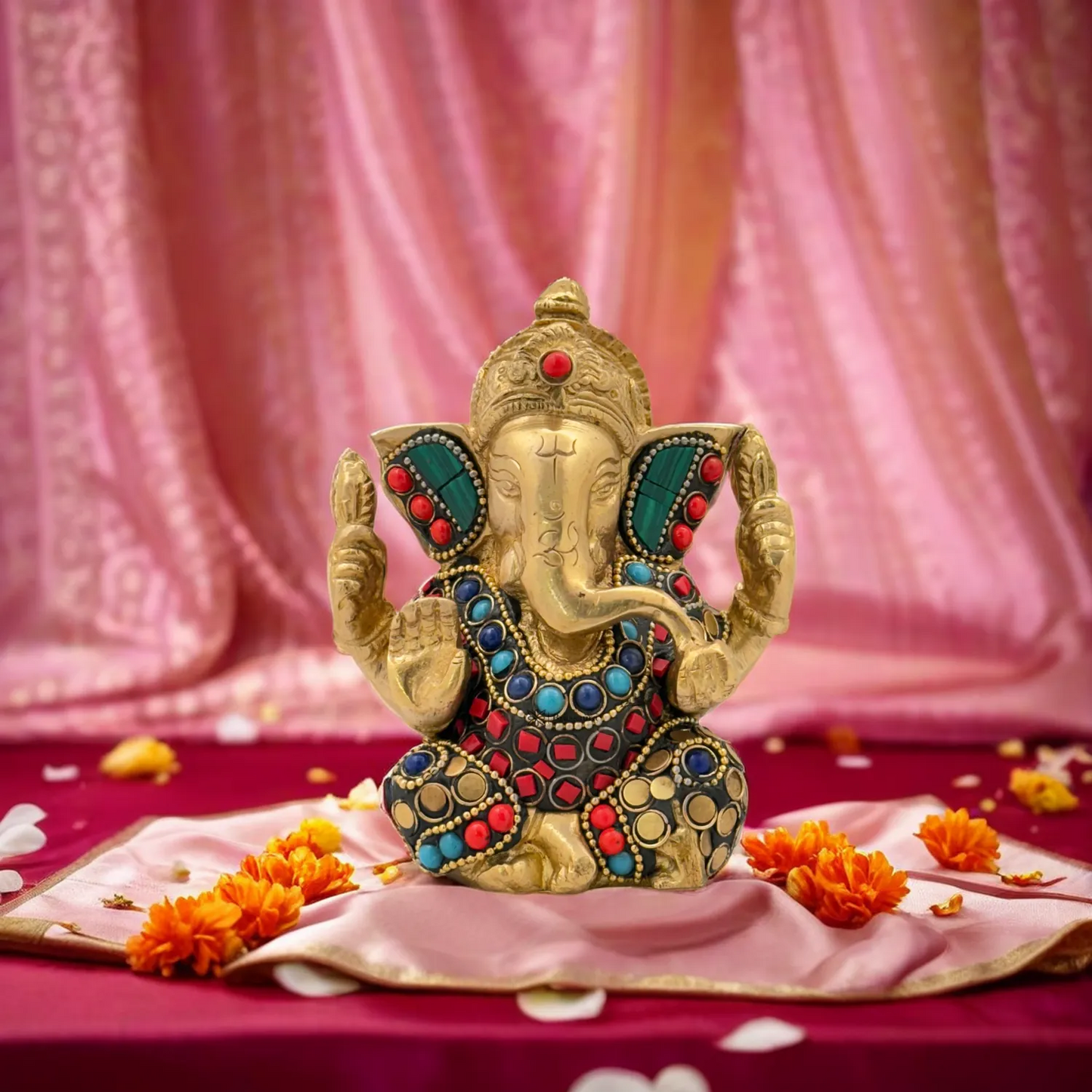 Brass Gem Stone Work Appu Ganesha Statue for Home Decor Weight 860 Gram Height 16 cm