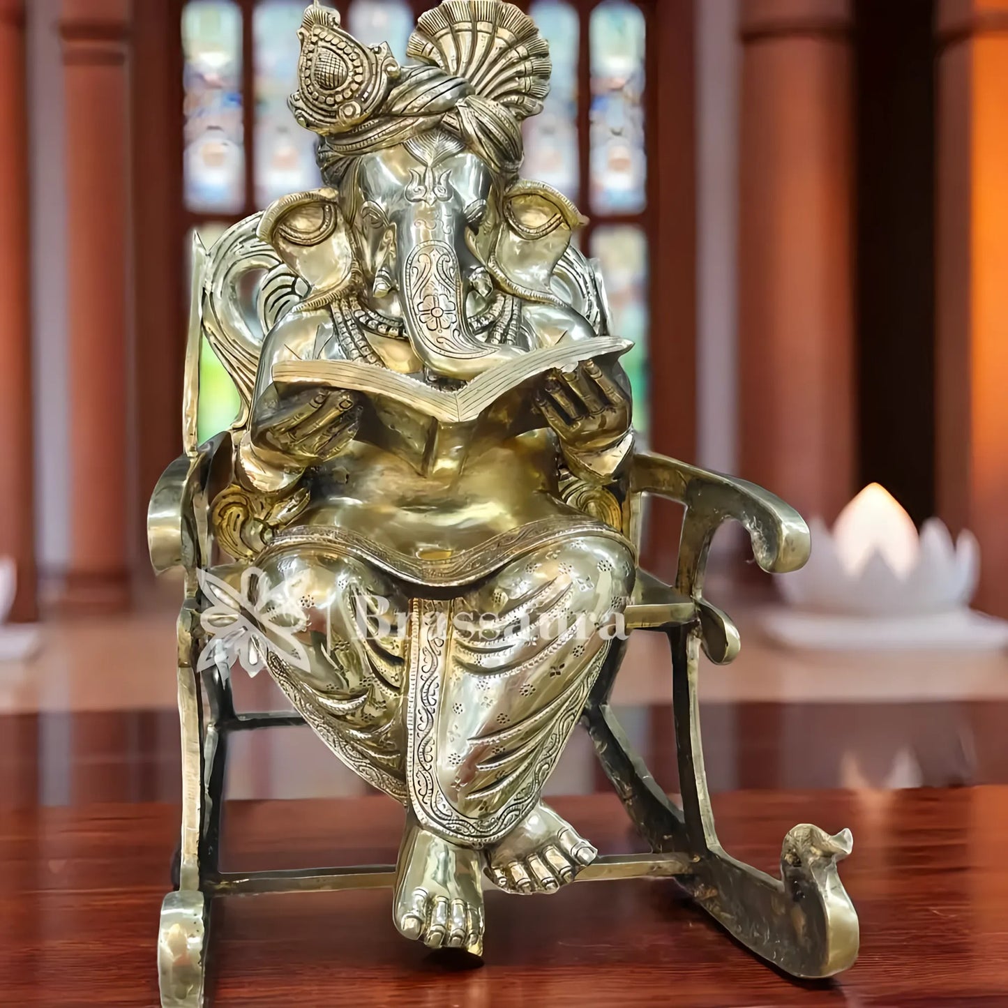 Brassaura™ Brass Chair Ganesha Statue for Home and Decor | Weight 27 Kgs | Height 13 Inches