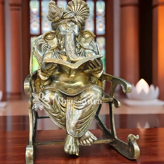 Brassaura™ Brass Chair Ganesha Statue for Home and Decor | Weight 27 Kgs | Height 13 Inches