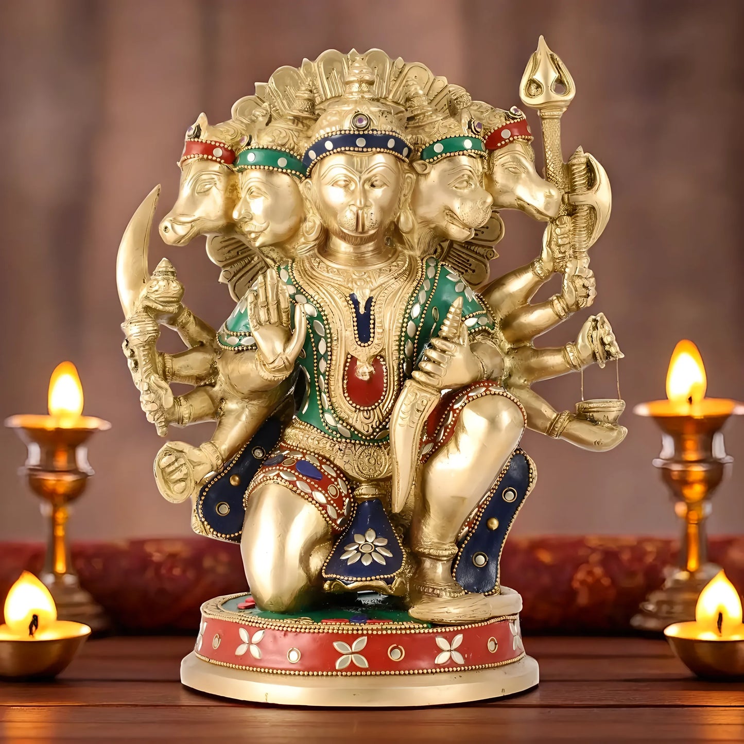 Brassaura™ Brass Panchmukhi Hanuman Idol – Height 11 Inches & Weight 6.6 Kgs | Handcrafted with Natural Stones