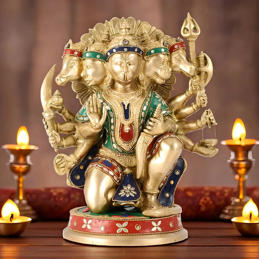 Brassaura™ Brass Panchmukhi Hanuman Idol – Height 11 Inches & Weight 6.6 Kgs | Handcrafted with Natural Stones