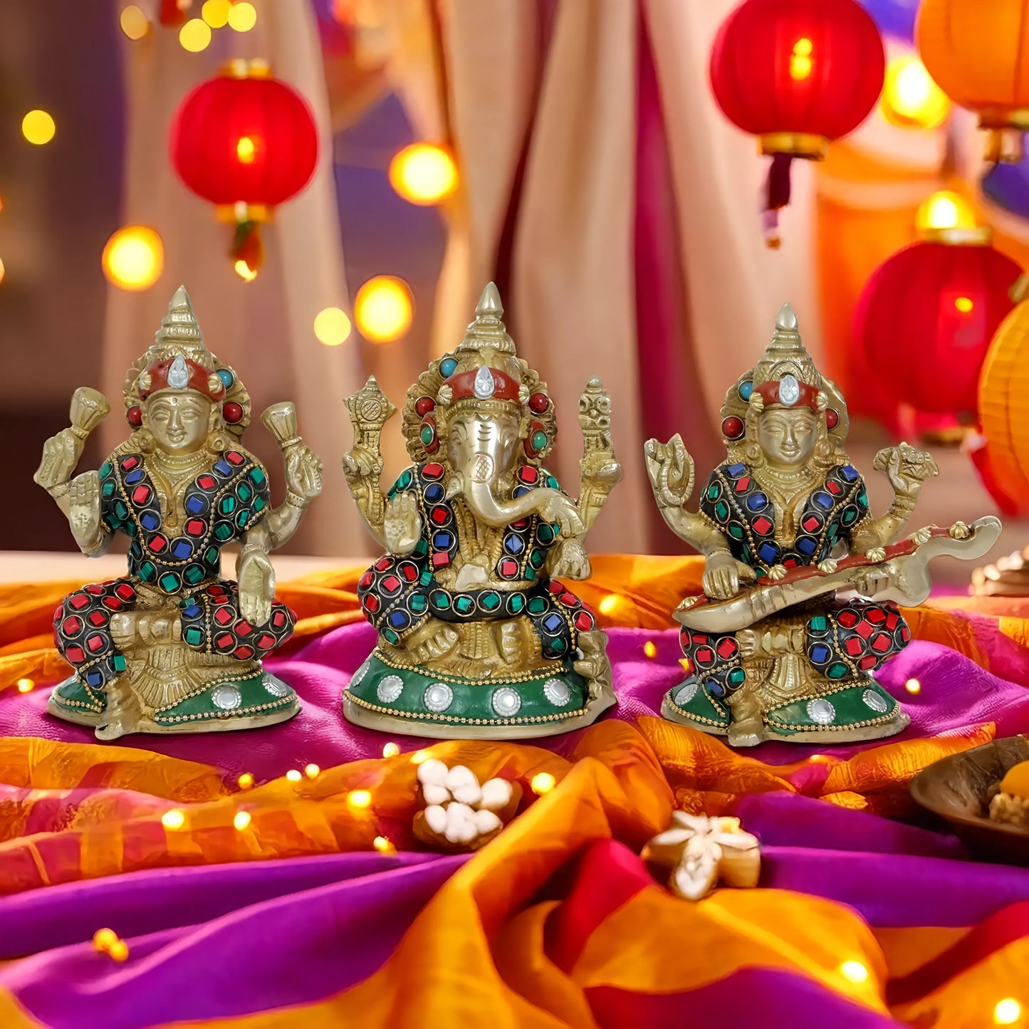 Brassaura™ Premium Brass Gem Stone Work Laxmi Ganesha Saraswati Idol – Height 6.8 Inches & Weight 2.35 Kgs | Hindu God Sculpture