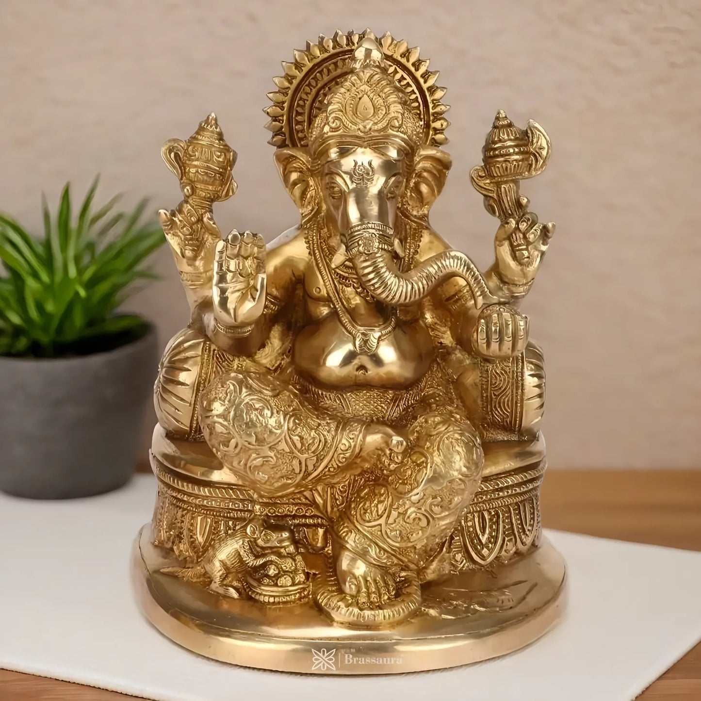 Brassaura™ Brass Golden Ganesha Murti – Height 8.66 inches | Weight 2.9 kgs