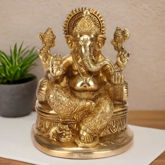 Brassaura™ Brass Golden Ganesha Murti – Height 8.66 inches | Weight 2.9 kgs