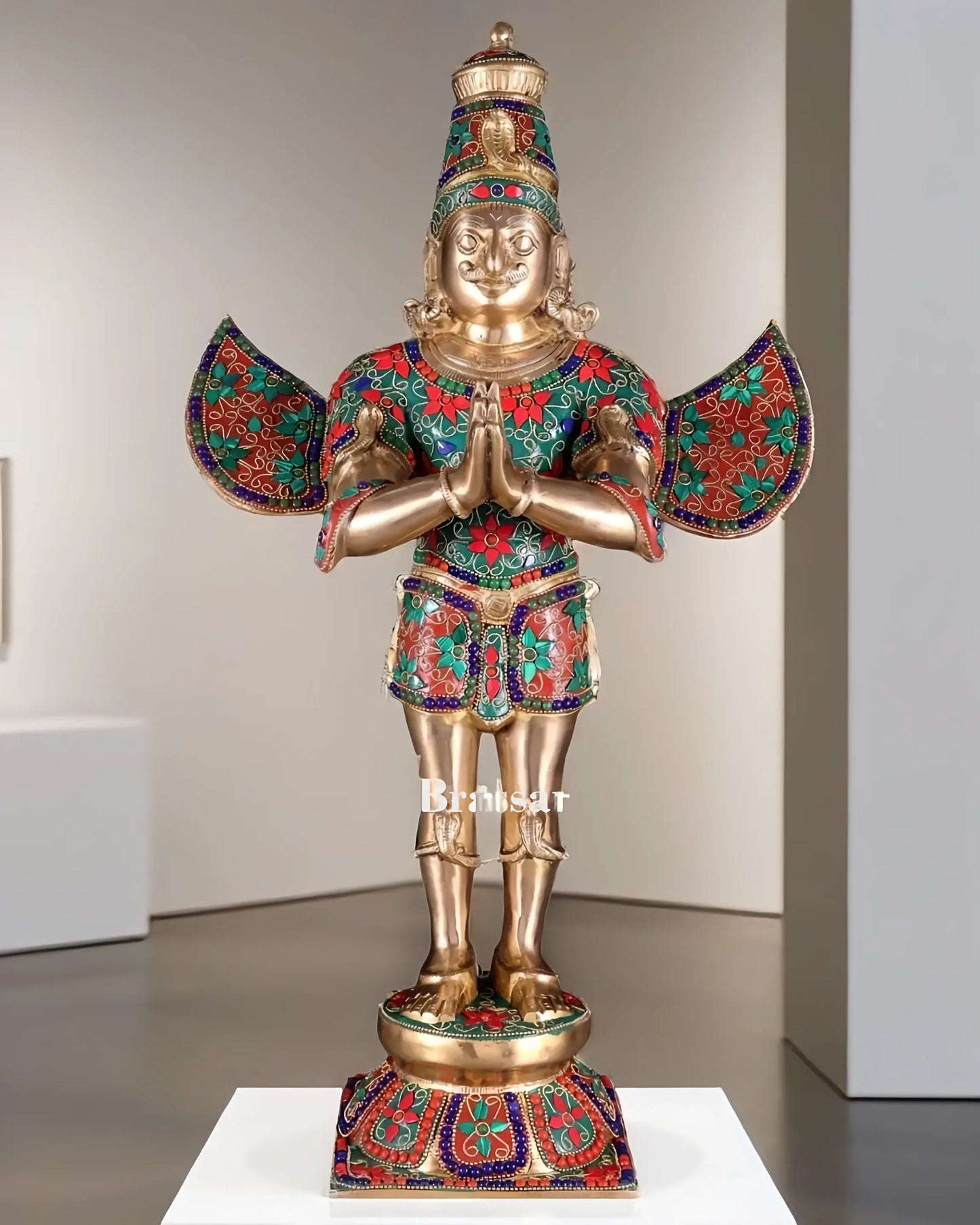 Handcrafted Brass Garuda Statue with Meenakari Artwork – Height 22 Inches, Weight 12.5 Kgs