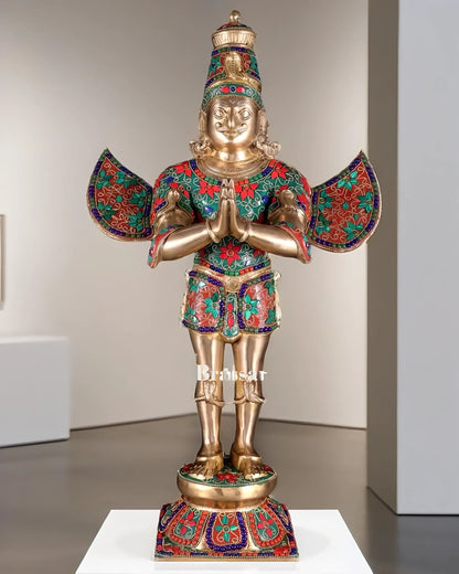 Handcrafted Brass Garuda Statue with Meenakari Artwork – Height 22 Inches, Weight 12.5 Kgs
