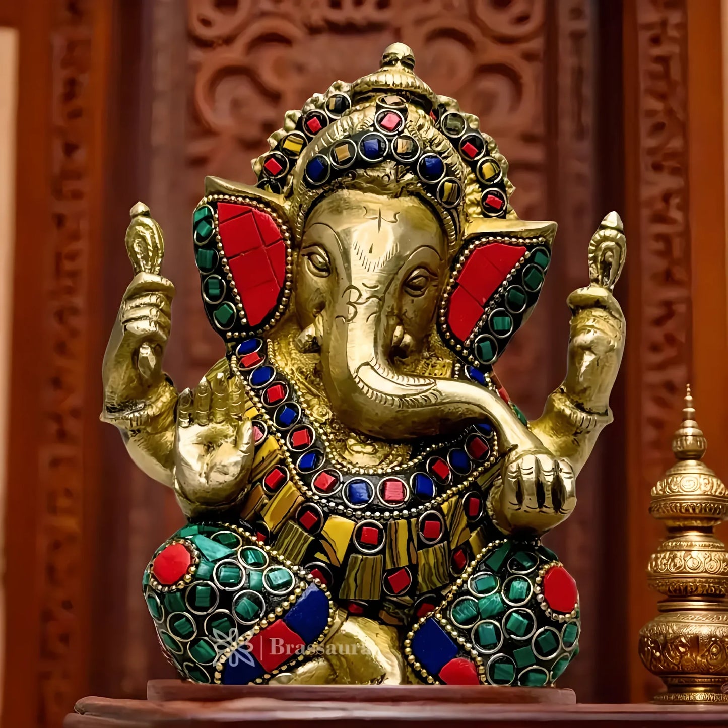 Brassaura™ Gemstone-Inlaid Brass Ganesha Murti for Home & Temple Décor | Height 5.9 Inches & Weight 1.5 Kgs