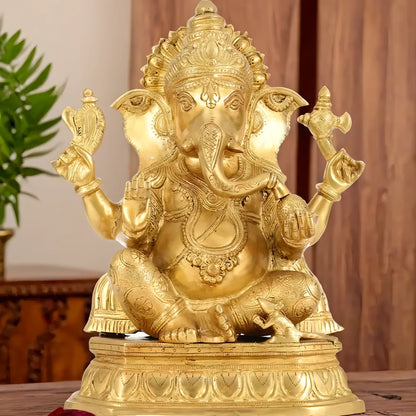 Brassaura™ Superfine Brass Lord Ganesha Statue | Handcrafted Spiritual Showpiece | Weight 12.5 Kgs | Height 15 Inches