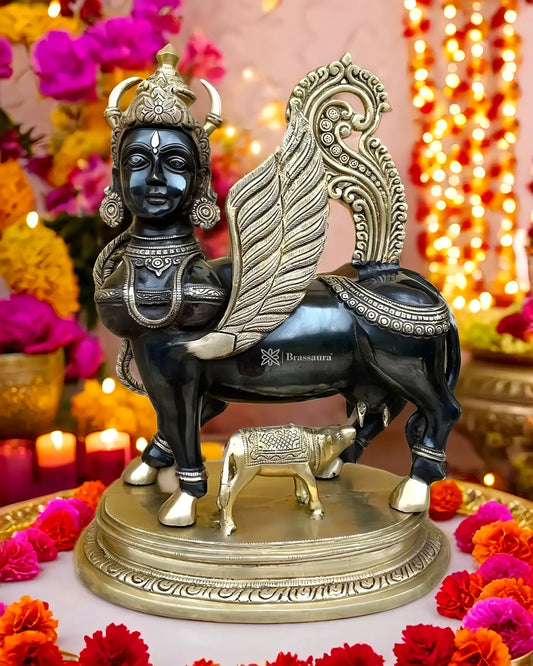 Brassaura™ Kamdhenu Cow Statue | 16.5 Inches Height | 14 Kgs Weight | Exquisite Brass Craftsmanship