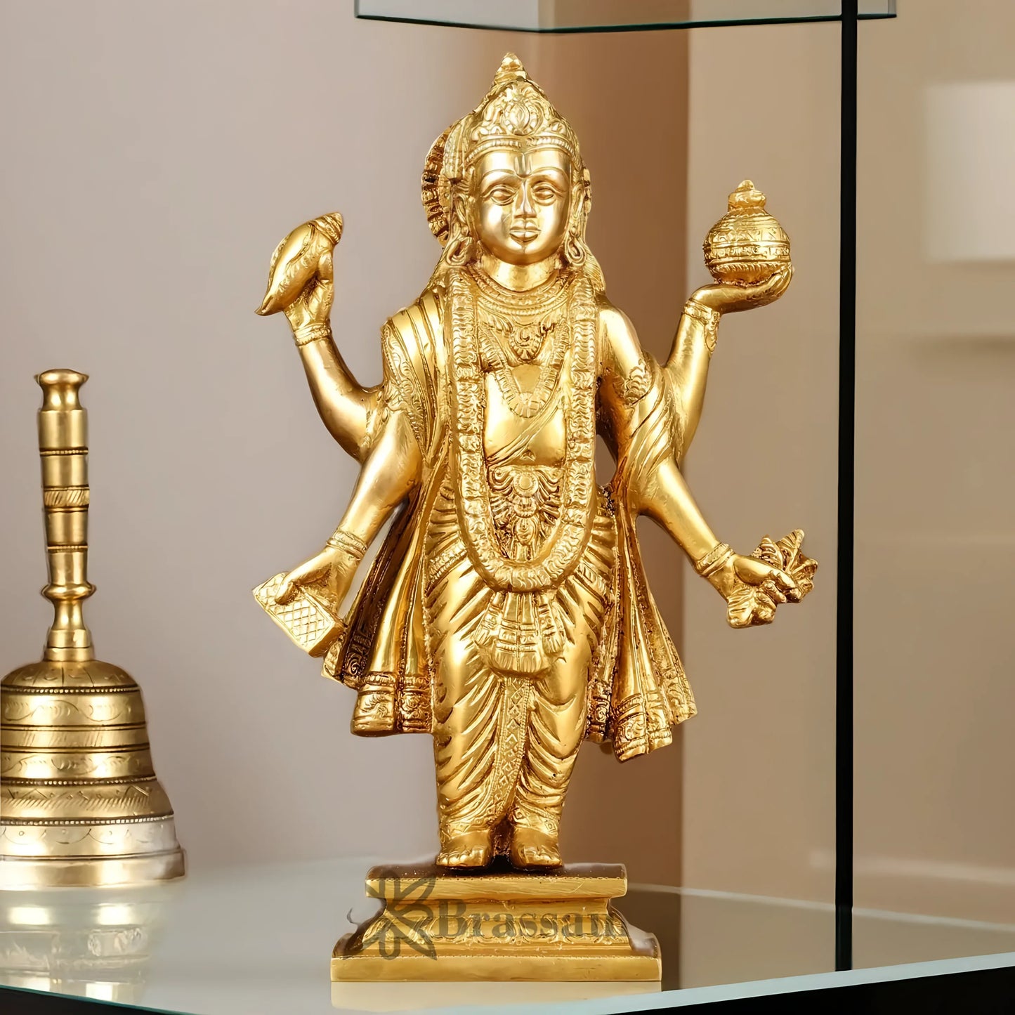 Brassaura™ Handcrafted Pure Brass Lord Dhanvantari Statue | 10 Inch Height | 2.7 KG Weight | Intricate Detailing