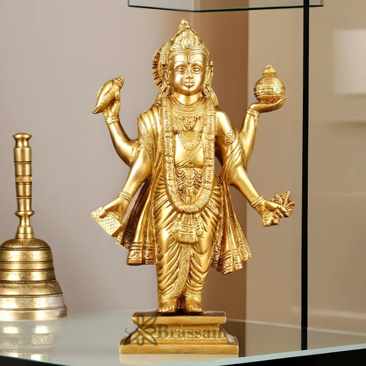 Brassaura™ Handcrafted Pure Brass Lord Dhanvantari Statue | 10 Inch Height | 2.7 KG Weight | Intricate Detailing