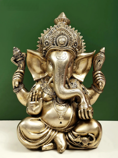 Brassaura™ Brass Lord Chaturbhuja Ganesha Idol | Height 12.6 Inches & Weight 9.11 kgs