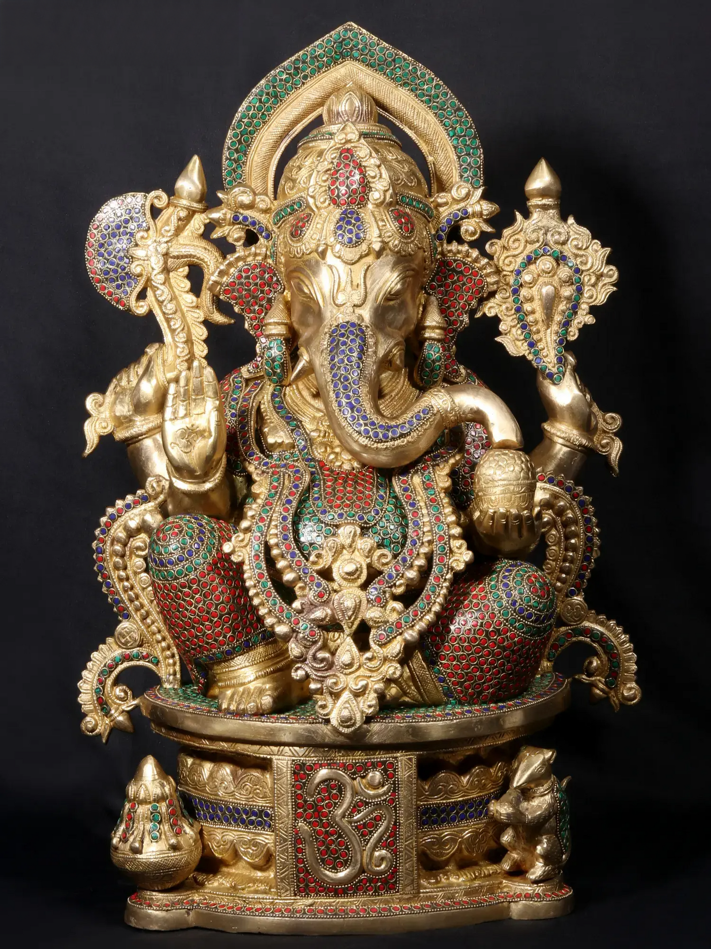 Brassaura™ Seated Lord Ganesha on Ornate Throne | Pure Brass with Meenakari Stonework | Height 24 Inches & Weight 33.38 Kgs