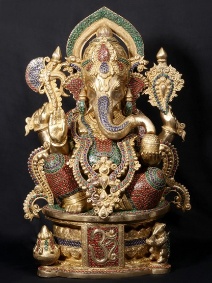 Brassaura™ Seated Lord Ganesha on Ornate Throne | Pure Brass with Meenakari Stonework | Height 24 Inches & Weight 33.38 Kgs
