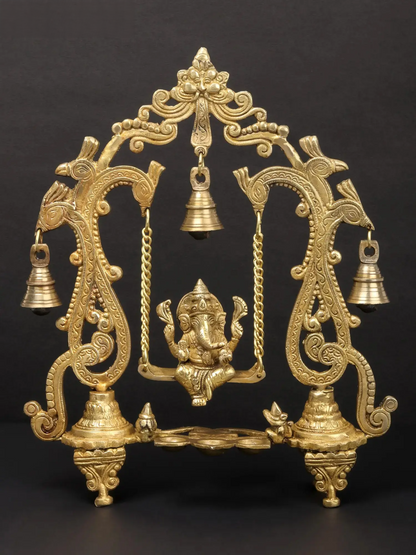 Brassaura™ Brass Lord Ganesha on Kirtimukha Swing with Dangling Bells | Height 14 Inches & Weight 2.82 kgs