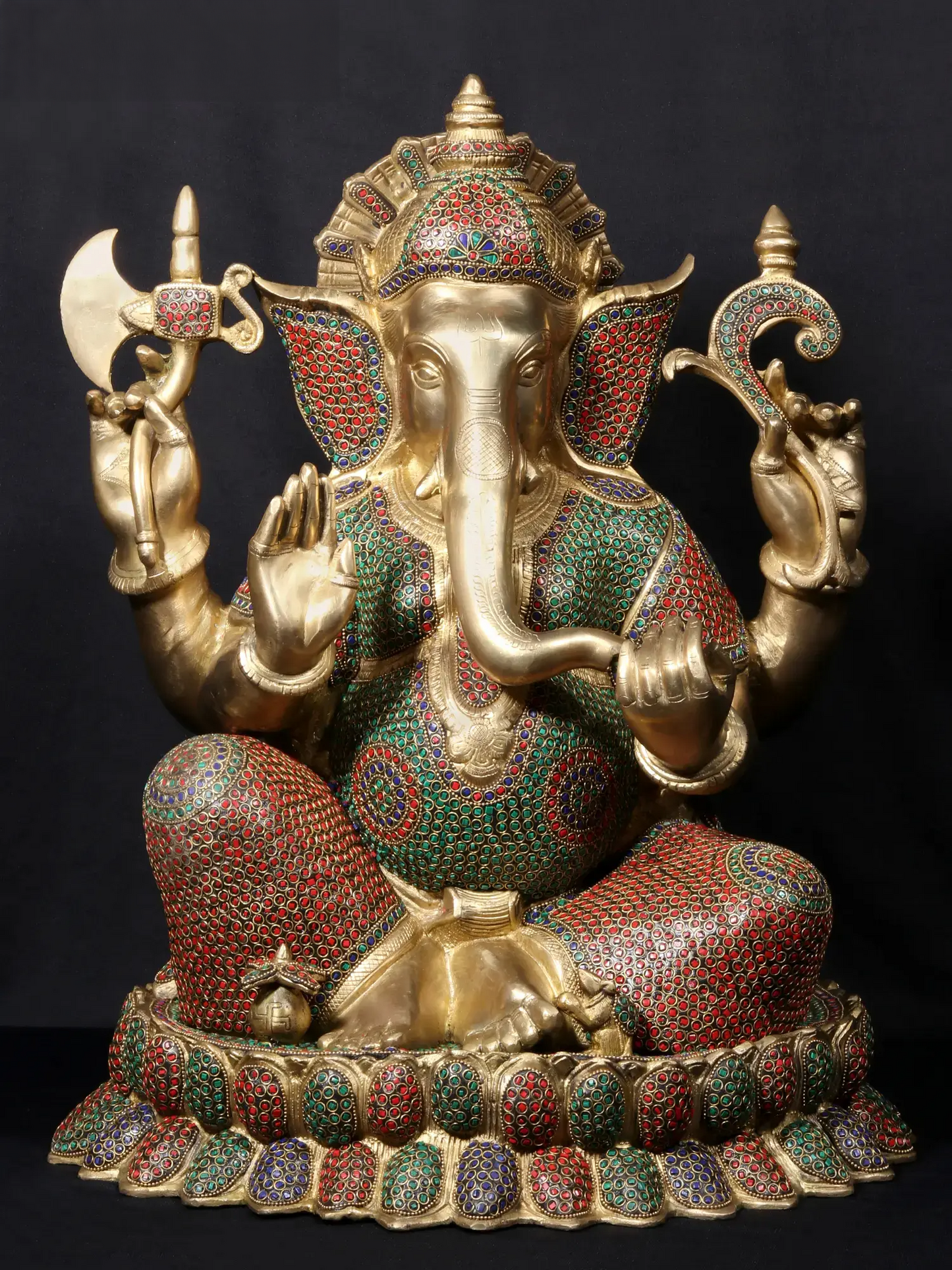 Brassaura™ Seated Lord Ganesha on Ornate Throne | Pure Brass with Meenakari Stonework | Height 23 Inches & Weight 31.86 Kgs