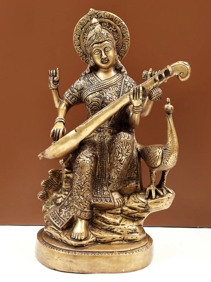 Brassaura® Brass Goddess Saraswati Statue | 14.96 Inches | 8.90 kg