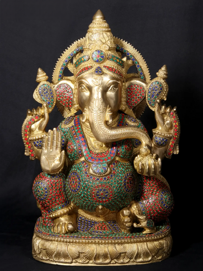 Brassaura™ Brass Lord Ganesha on Oval Base with Fine Stone Work | Height 18.5 Inches & Weight 19.82 kgs