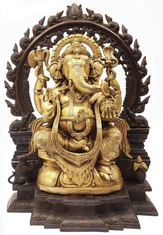 Brassaura™ Brass Sitting Lord Ganesha with Temple Arch | Height 18 Inches & Weight 16.95 kgs