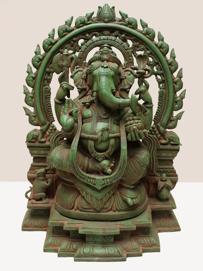 Brassaura™ Brass Sitting Lord Ganesha with Temple Arch | Height 18 Inches & Weight 16.95 kgs