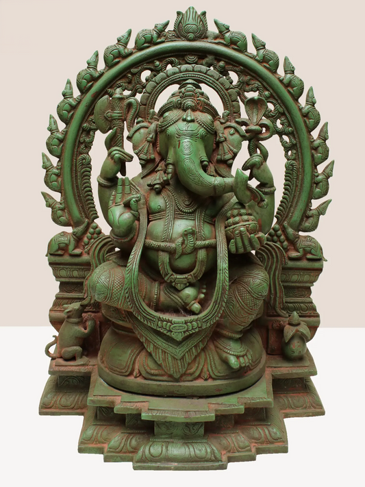 Brassaura™ Brass Sitting Lord Ganesha with Temple Arch | Height 18 Inches & Weight 16.95 kgs