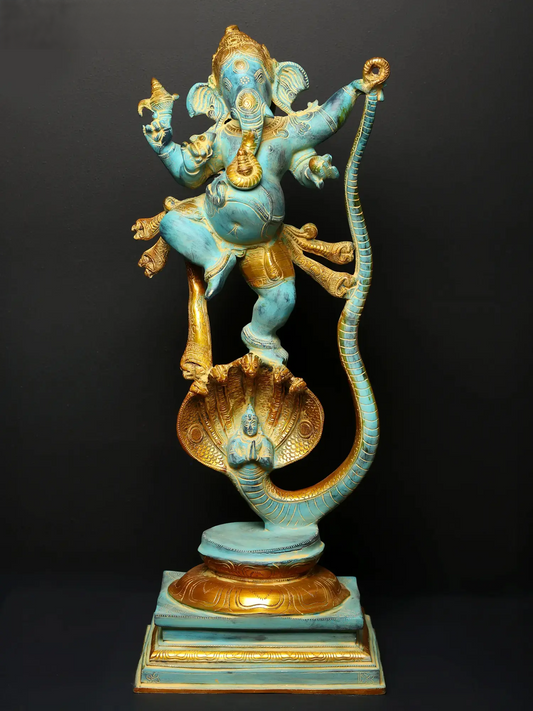 Brassaura™ Brass Single-Tusked Lord Ganesha on Seven-Hooded Serpent | Height 27 Inches & Weight 15.58 kgs