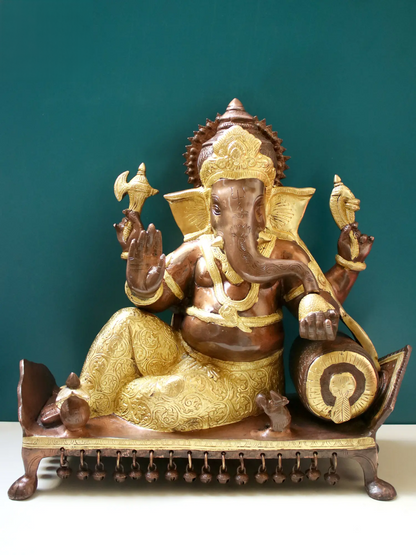 Brassaura™ Reclining Lord Ganesha on Chowki | Pure Brass Seated Idol | Height 16 Inches