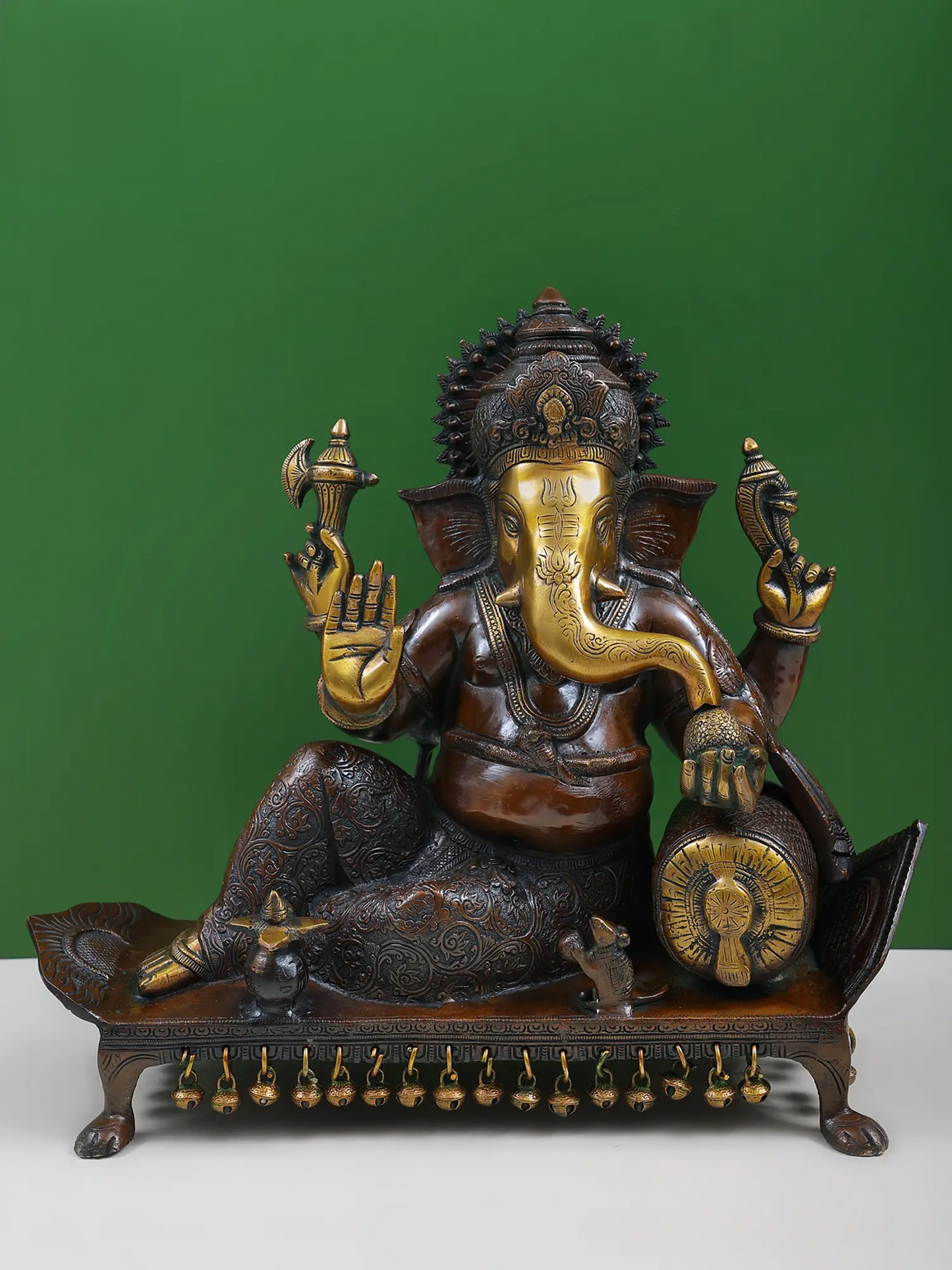 Brassaura™ Reclining Lord Ganesha on Chowki | Pure Brass Seated Idol | Height 16 Inches