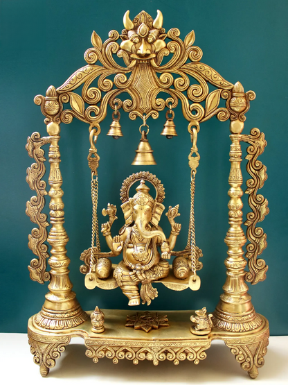 Brassaura™ Kirtimukha Lord Ganesha on Swing with Bells | Pure Brass Idol | Height 26 Inches & Weight 16.60 Kgs