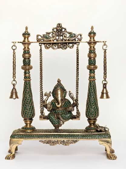 Brassaura® Jhula Ganesha with Ornate Pillars | Pure Brass with Meenakari Inlay Work | Height 16 Inches & Weight 6.94 kgs