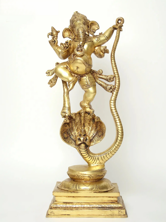 Brassaura™ Brass Single-Tusked Lord Ganesha on Seven-Hooded Serpent | Height 27 Inches & Weight 15.58 kgs