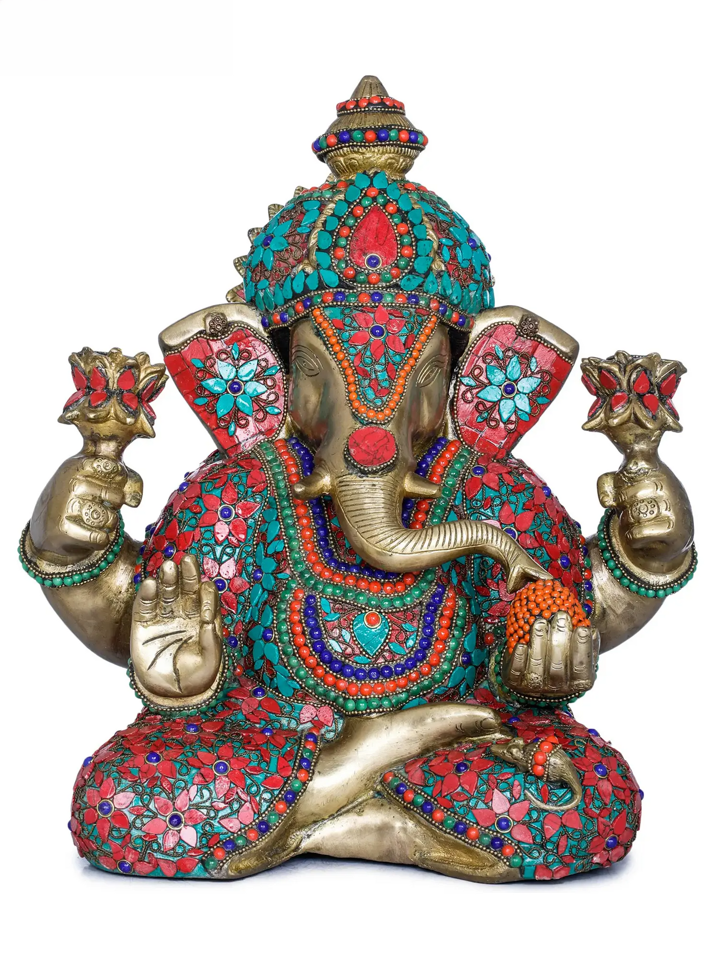 Brassaura® Lord Ganesha Holding Lotus Flowers in Hands | Brass with Meenakari Inlay Work | Height 13.8 Inches & Weight 14.40 kgs