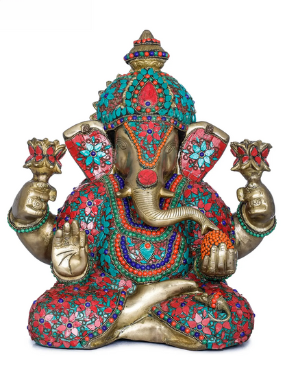 Brassaura® Lord Ganesha Holding Lotus Flowers in Hands | Brass with Meenakari Inlay Work | Height 13.8 Inches & Weight 14.40 kgs