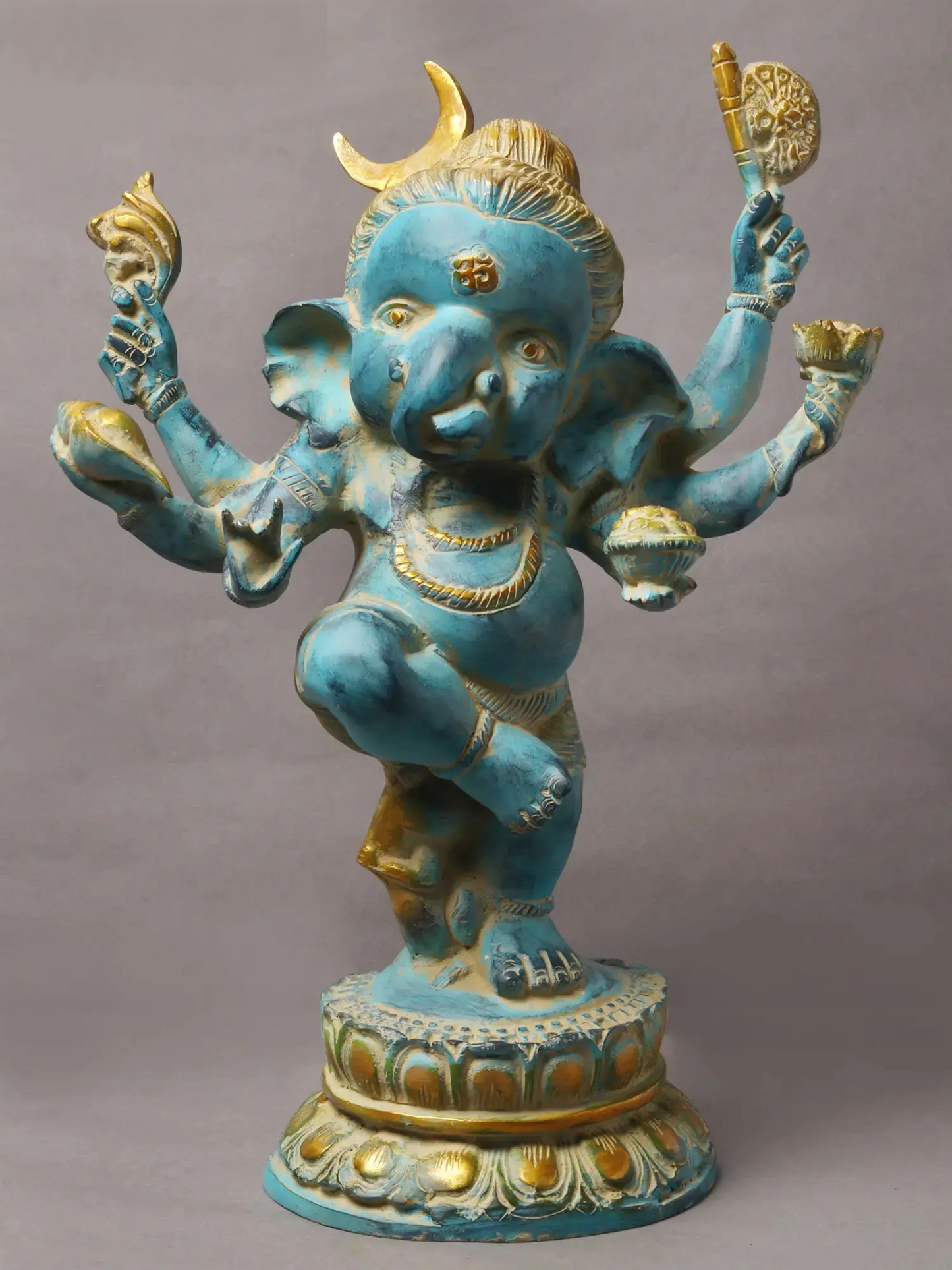 Brassaura™ Six-Armed Dancing Bal Ganesha | Turquoise Patina with Gold Highlights | Height 15.6 Inches & Weight 8.70 kgs