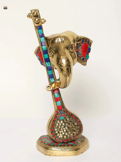 Brassaura™ Brass Lord Ganesha Head with Veena & Stone Inlay Work | Height 12 Inches & Weight 3.06 kgs