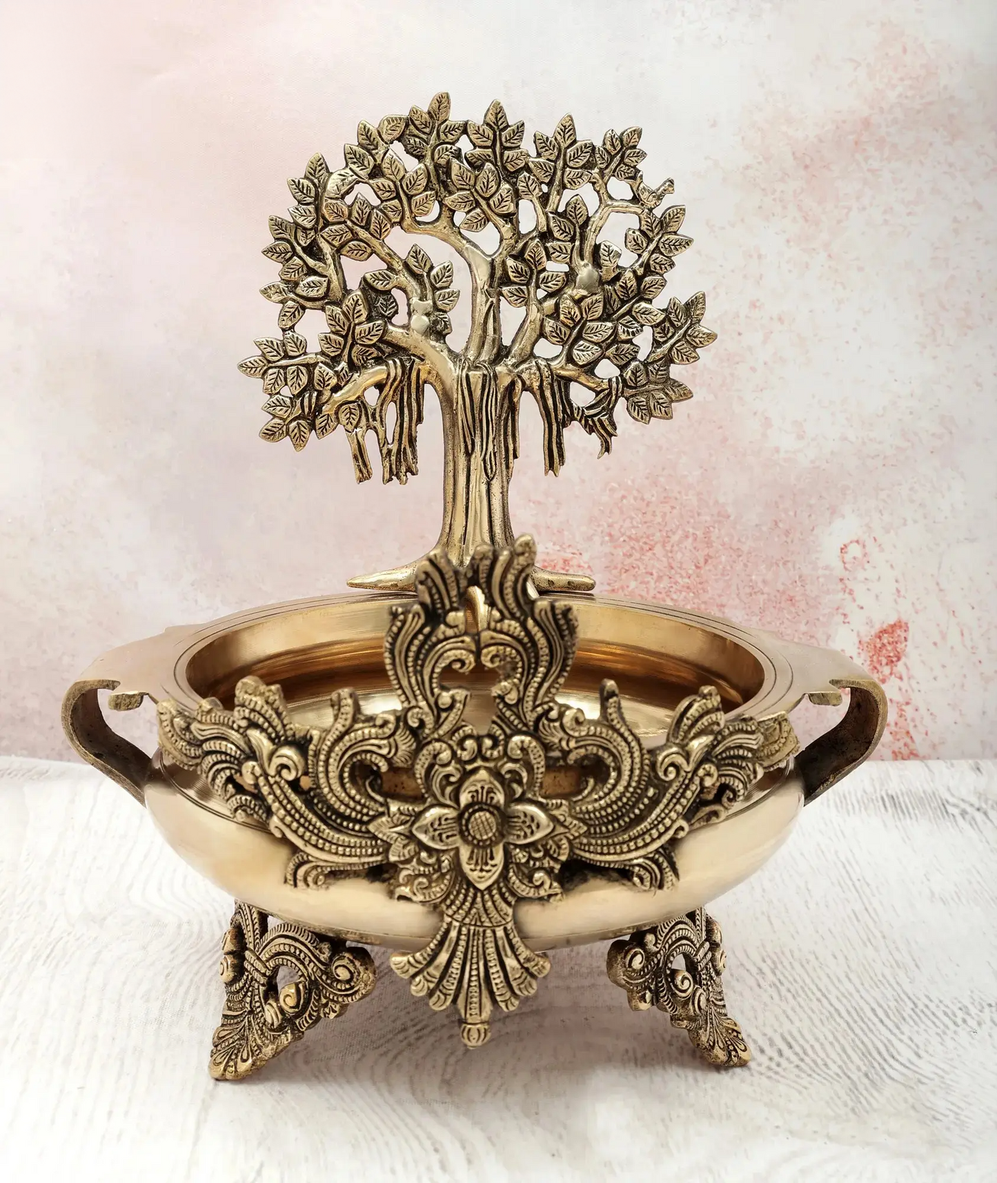 Brassaura® Brass Tree Urli Decorative Bowl with Stand | Pure Brass | Height 15.5 Inches & Weight 6.20 kgs
