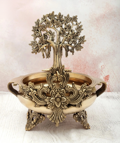Brassaura® Brass Tree Urli Decorative Bowl with Stand | Pure Brass | Height 15.5 Inches & Weight 6.20 kgs