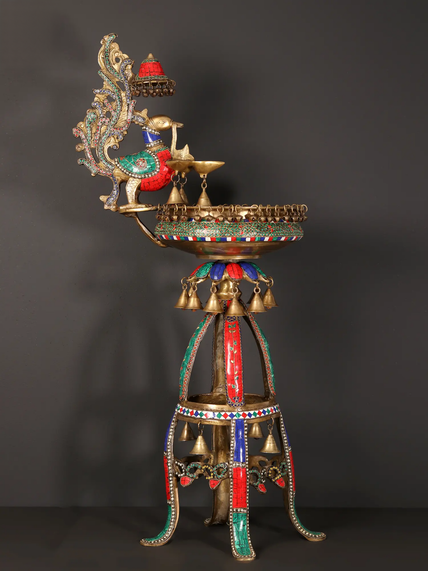 Brassaura® Peacock Brass Urli Stand with Inlay Work & Hanging Bells | Pure Brass | Height 41.5 Inches & Weight 21.70 kgs