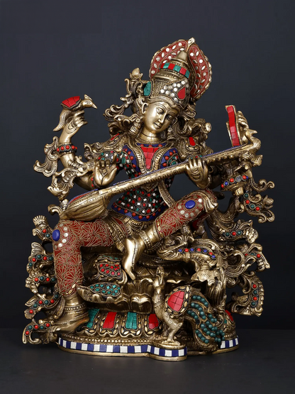 Weight 17.15 kg  SARASWATI   Brassaura® Large Brass Goddess Saraswati Statue | 16.93 Inches | 17.15 kg