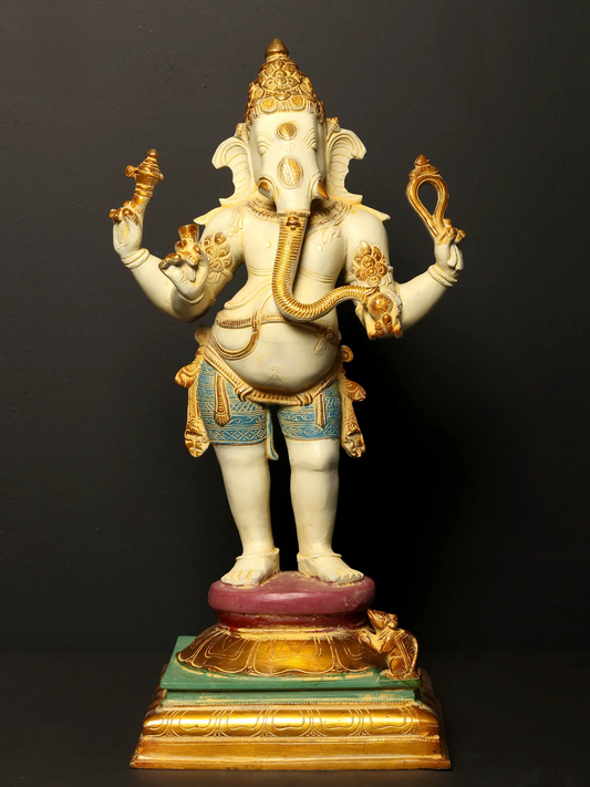Brassaura™ Colored Standing Lord Ganesha Brass Idol | Height 19.5 Inches & Weight 10.70 kgs