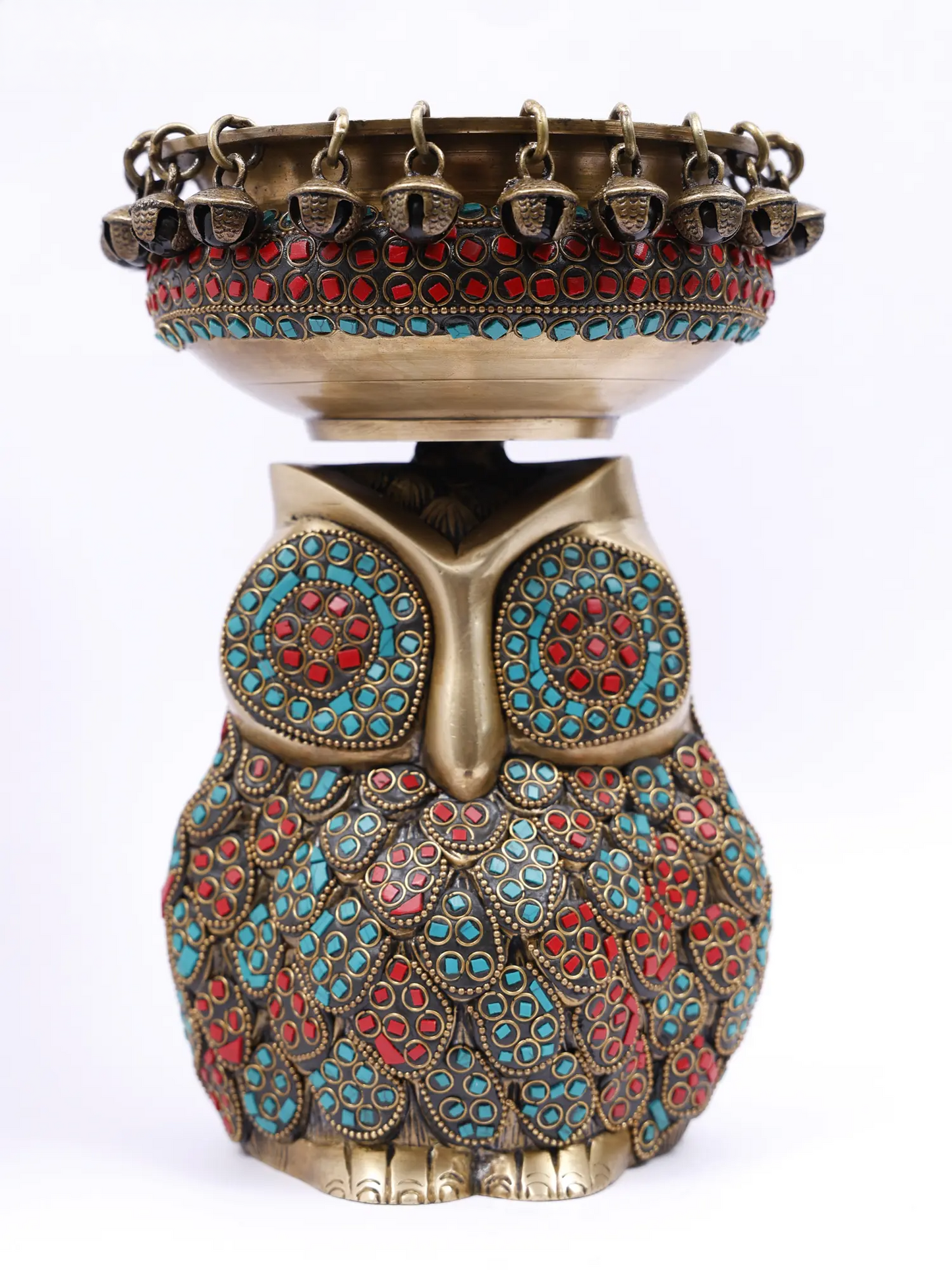 Brassaura® Decorative Brass Owl Urli with Inlay Work | Pure Brass | Height 10 Inches & Weight 4.15 kgs